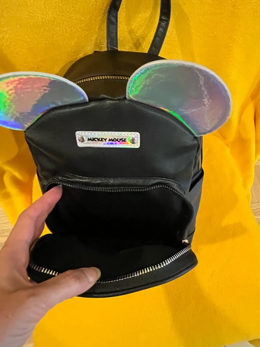 Disney Mickey Mouse black faux leather Mini Backpack w/ holographic details. NWT
